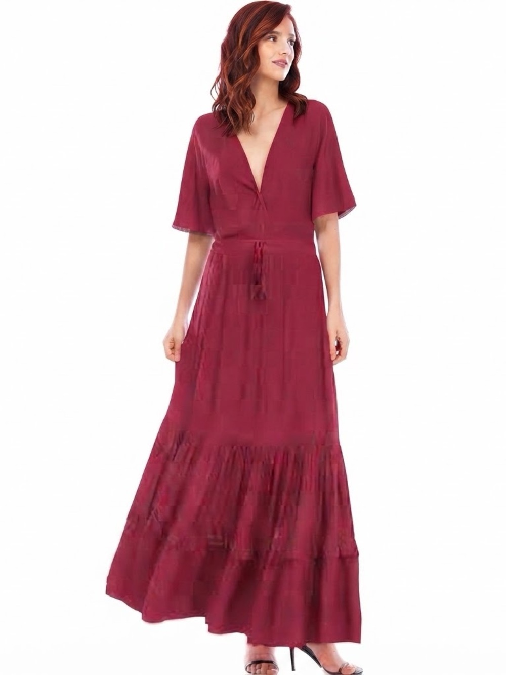 R.Vivimos Deep V Short Sleeve Maxi Dress Red